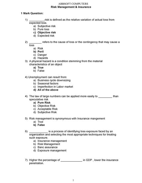 Insurance risk manager Answers .
